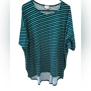 LuLaRoe “Irma” large green blue & black striped oversized pullover tunic top
